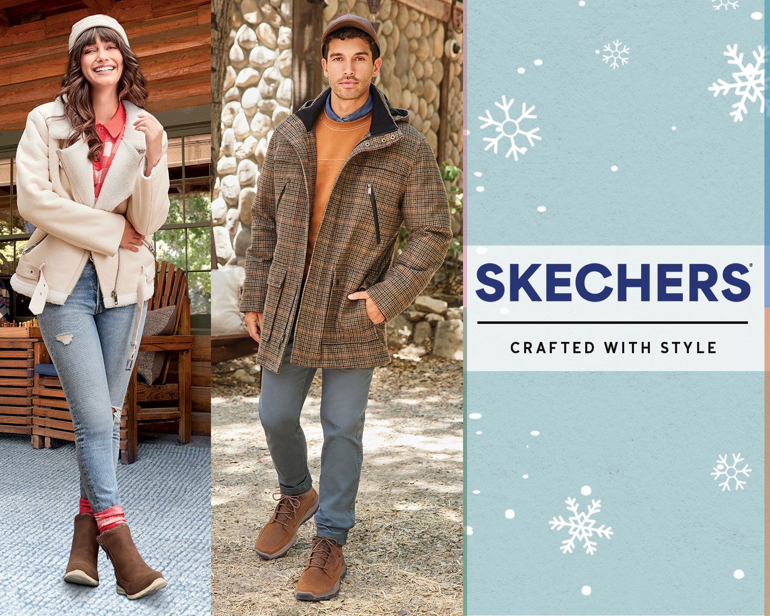 Skechers slippers banner with woman  in Skechers boots